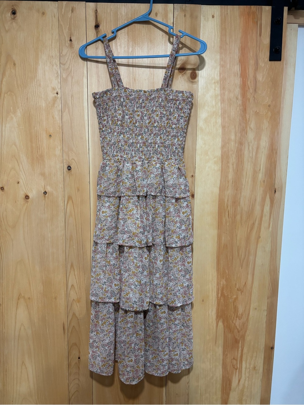 Mimi Chica Beige Floral Smocked Tiered Midi Dress